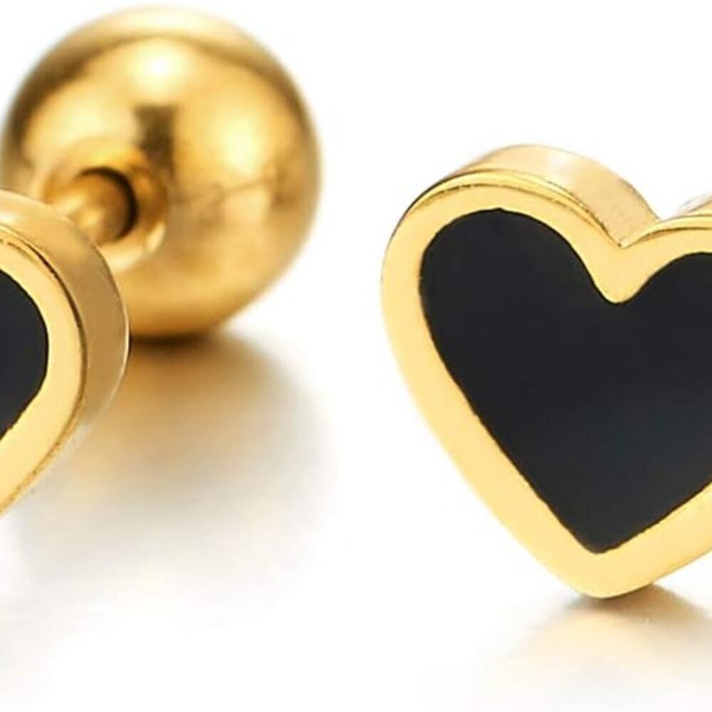 Pair of Womens Stainless Steel Flat Heart Stud Earrings with Enamel, Screw Back